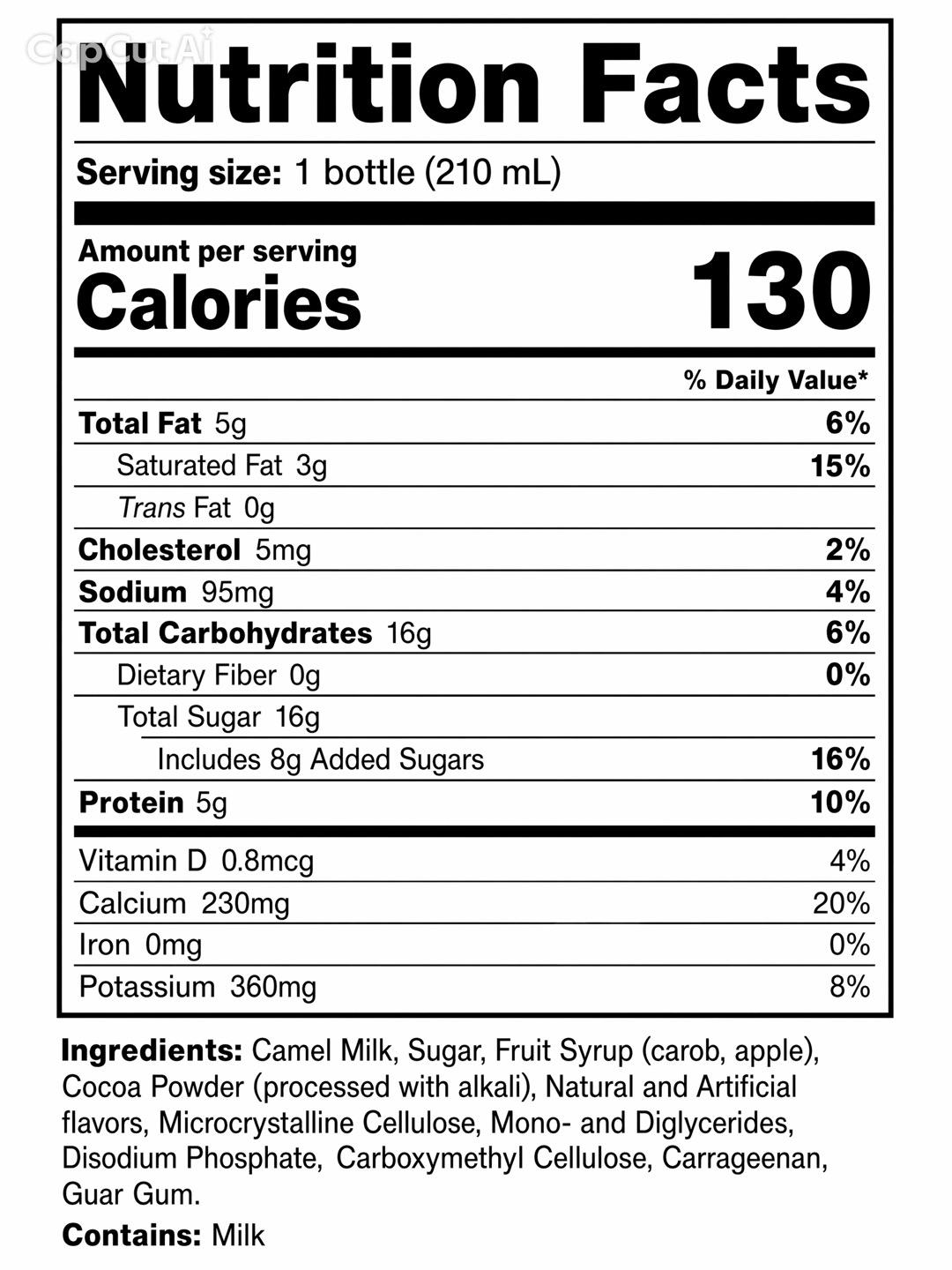 210ml Choclate Long life Camel Milk _ Nutrition Facts