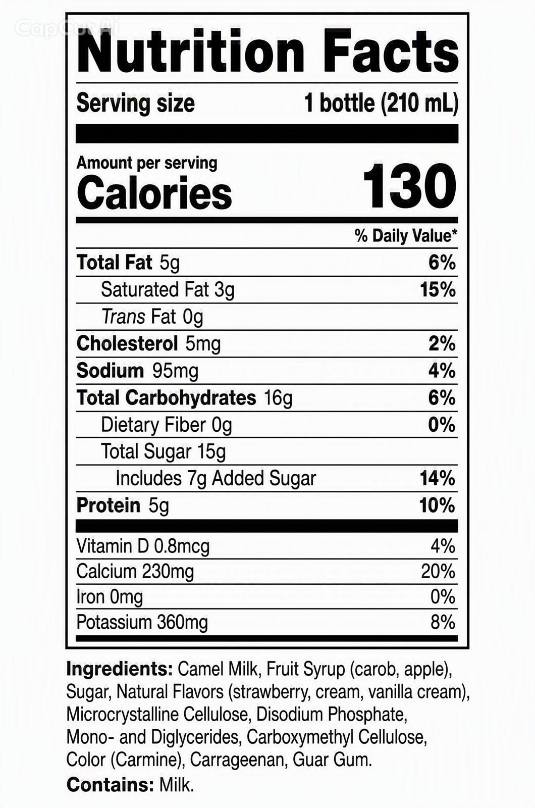 210ml Strawberry Long life Camel Milk _ Nutrition Facts